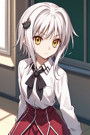 score9_up, score8_up, score7_up, score6_up, 
KONEKO TOUJOU, SHORT HAIR, HAIR ORNAMENT, YELLOW EYES, WHITE HAIR,
SKIRT, SCHOOL UNIFORM, SHIRT, WHITE SHIRT, COLLARED SHIRT, NECKERCHIEF, BLACK NECKERCHIEF, LONG SLEEVES, RED SKIRT, solo,





