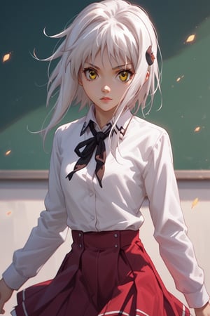 score9_up, score8_up, score7_up, score6_up, 
KONEKO TOUJOU, SHORT HAIR, HAIR ORNAMENT, YELLOW EYES, WHITE HAIR,
SKIRT, SCHOOL UNIFORM, SHIRT, WHITE SHIRT, COLLARED SHIRT, NECKERCHIEF, BLACK NECKERCHIEF, LONG SLEEVES, RED SKIRT, solo,





