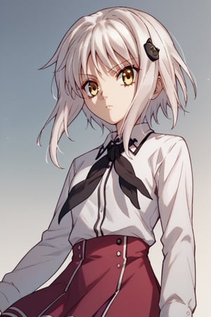 score9_up, score8_up, score7_up, score6_up, 
KONEKO TOUJOU, SHORT HAIR, HAIR ORNAMENT, YELLOW EYES, WHITE HAIR,
SKIRT, SCHOOL UNIFORM, SHIRT, WHITE SHIRT, COLLARED SHIRT, NECKERCHIEF, BLACK NECKERCHIEF, LONG SLEEVES, RED SKIRT, solo,





