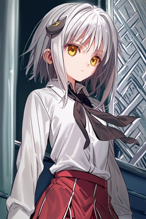 score9_up, score8_up, score7_up, score6_up, 
KONEKO TOUJOU, SHORT HAIR, HAIR ORNAMENT, YELLOW EYES, WHITE HAIR,
SKIRT, SCHOOL UNIFORM, SHIRT, WHITE SHIRT, COLLARED SHIRT, NECKERCHIEF, BLACK NECKERCHIEF, LONG SLEEVES, RED SKIRT, solo,





