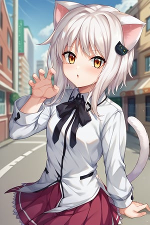 score_9, score_8_up, score_7_up, source_anime, masterpiece, 1girl, ctiank0nek0, dress shirt, pleated skirt, black ribbon, red skirt, half black uniform, long sleeves, outdoors, city, depth of field, looking at viewer, cat ears, cat tail, claw pose, chestnut mouth, 