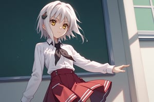 score9_up, score8_up, score7_up, score6_up, 
KONEKO TOUJOU, SHORT HAIR, HAIR ORNAMENT, YELLOW EYES, WHITE HAIR,
SKIRT, SCHOOL UNIFORM, SHIRT, WHITE SHIRT, COLLARED SHIRT, NECKERCHIEF, BLACK NECKERCHIEF, LONG SLEEVES, RED SKIRT, solo,





