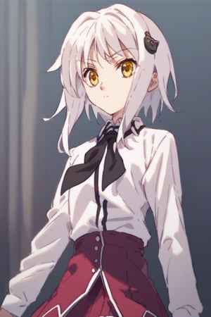 score9_up, score8_up, score7_up, score6_up, 
KONEKO TOUJOU, SHORT HAIR, HAIR ORNAMENT, YELLOW EYES, WHITE HAIR,
SKIRT, SCHOOL UNIFORM, SHIRT, WHITE SHIRT, COLLARED SHIRT, NECKERCHIEF, BLACK NECKERCHIEF, LONG SLEEVES, RED SKIRT, solo,





