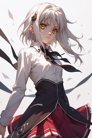 score9_up, score8_up, score7_up, score6_up, 
KONEKO TOUJOU, SHORT HAIR, HAIR ORNAMENT, YELLOW EYES, WHITE HAIR,
SKIRT, SCHOOL UNIFORM, SHIRT, WHITE SHIRT, COLLARED SHIRT, NECKERCHIEF, BLACK NECKERCHIEF, LONG SLEEVES, RED SKIRT, solo,





