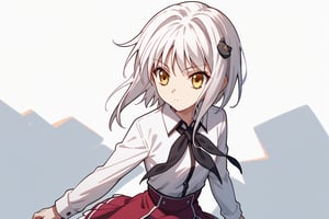 score9_up, score8_up, score7_up, score6_up, 
KONEKO TOUJOU, SHORT HAIR, HAIR ORNAMENT, YELLOW EYES, WHITE HAIR,
SKIRT, SCHOOL UNIFORM, SHIRT, WHITE SHIRT, COLLARED SHIRT, NECKERCHIEF, BLACK NECKERCHIEF, LONG SLEEVES, RED SKIRT, solo,





