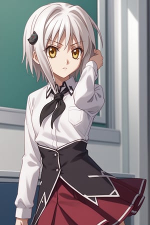 score9_up, score8_up, score7_up, score6_up, 
KONEKO TOUJOU, SHORT HAIR, HAIR ORNAMENT, YELLOW EYES, WHITE HAIR,
SKIRT, SCHOOL UNIFORM, SHIRT, WHITE SHIRT, COLLARED SHIRT, NECKERCHIEF, BLACK NECKERCHIEF, LONG SLEEVES, RED SKIRT, solo,





