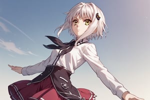 score9_up, score8_up, score7_up, score6_up, 
KONEKO TOUJOU, SHORT HAIR, HAIR ORNAMENT, YELLOW EYES, WHITE HAIR,
SKIRT, SCHOOL UNIFORM, SHIRT, WHITE SHIRT, COLLARED SHIRT, NECKERCHIEF, BLACK NECKERCHIEF, LONG SLEEVES, RED SKIRT, solo,





