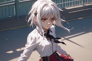 score9_up, score8_up, score7_up, score6_up, 
KONEKO TOUJOU, SHORT HAIR, HAIR ORNAMENT, YELLOW EYES, WHITE HAIR,
SKIRT, SCHOOL UNIFORM, SHIRT, WHITE SHIRT, COLLARED SHIRT, NECKERCHIEF, BLACK NECKERCHIEF, LONG SLEEVES, RED SKIRT, solo,





