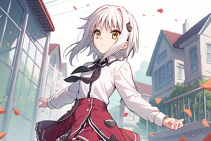 score9_up, score8_up, score7_up, score6_up, 
KONEKO TOUJOU, SHORT HAIR, HAIR ORNAMENT, YELLOW EYES, WHITE HAIR,
SKIRT, SCHOOL UNIFORM, SHIRT, WHITE SHIRT, COLLARED SHIRT, NECKERCHIEF, BLACK NECKERCHIEF, LONG SLEEVES, RED SKIRT, solo,





