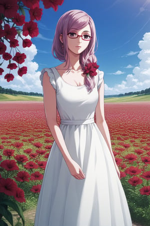 ,  score9_up, score8_up, score7_up, score6_up, slimes_rize, woman, solo, dress, red glasses, red flower field background