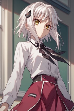 score9_up, score8_up, score7_up, score6_up, 
KONEKO TOUJOU, SHORT HAIR, HAIR ORNAMENT, YELLOW EYES, WHITE HAIR,
SKIRT, SCHOOL UNIFORM, SHIRT, WHITE SHIRT, COLLARED SHIRT, NECKERCHIEF, BLACK NECKERCHIEF, LONG SLEEVES, RED SKIRT, solo,





