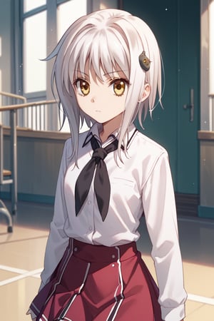 score9_up, score8_up, score7_up, score6_up, 
KONEKO TOUJOU, SHORT HAIR, HAIR ORNAMENT, YELLOW EYES, WHITE HAIR,
SKIRT, SCHOOL UNIFORM, SHIRT, WHITE SHIRT, COLLARED SHIRT, NECKERCHIEF, BLACK NECKERCHIEF, LONG SLEEVES, RED SKIRT, solo,





