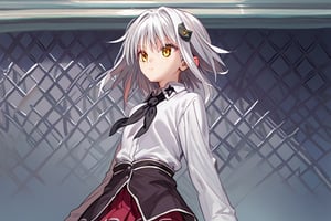 score9_up, score8_up, score7_up, score6_up, 
KONEKO TOUJOU, SHORT HAIR, HAIR ORNAMENT, YELLOW EYES, WHITE HAIR,
SKIRT, SCHOOL UNIFORM, SHIRT, WHITE SHIRT, COLLARED SHIRT, NECKERCHIEF, BLACK NECKERCHIEF, LONG SLEEVES, RED SKIRT, solo,





