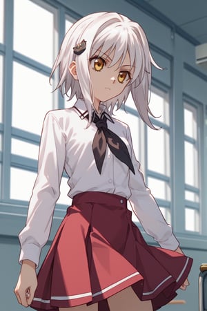 score9_up, score8_up, score7_up, score6_up, 
KONEKO TOUJOU, SHORT HAIR, HAIR ORNAMENT, YELLOW EYES, WHITE HAIR,
SKIRT, SCHOOL UNIFORM, SHIRT, WHITE SHIRT, COLLARED SHIRT, NECKERCHIEF, BLACK NECKERCHIEF, LONG SLEEVES, RED SKIRT, solo,





