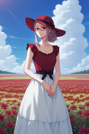 ,  score9_up, score8_up, score7_up, score6_up, slimes_rize, woman, solo, dress, red glasses, red flower field background