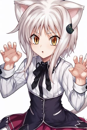 score_9, score_8_up, score_7_up, source_anime, masterpiece, 1girl, ctiank0nek0, dress shirt, pleated skirt, black ribbon, red skirt, half black uniform, long sleeves,  cat ears, cat tail, claw pose, chestnut mouth, 

 ,(( white background, blank background))