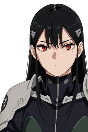 , score_9, score_8_up, score_7_up, score_6_up, score_5_up, score_4_up, source_anime, masterpiece , anime screencap,  absurdres, minaashiro, black hair,  long hair, hair down, mole under eye, mole, red eyes bodysuit, armor, wide_hips  expressionless,  



 ,(( white background, blank background)),