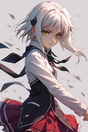 score9_up, score8_up, score7_up, score6_up, 
KONEKO TOUJOU, SHORT HAIR, HAIR ORNAMENT, YELLOW EYES, WHITE HAIR,
SKIRT, SCHOOL UNIFORM, SHIRT, WHITE SHIRT, COLLARED SHIRT, NECKERCHIEF, BLACK NECKERCHIEF, LONG SLEEVES, RED SKIRT, solo,





