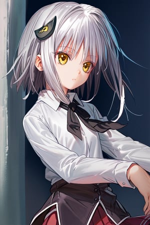 score9_up, score8_up, score7_up, score6_up, 
KONEKO TOUJOU, SHORT HAIR, HAIR ORNAMENT, YELLOW EYES, WHITE HAIR,
SKIRT, SCHOOL UNIFORM, SHIRT, WHITE SHIRT, COLLARED SHIRT, NECKERCHIEF, BLACK NECKERCHIEF, LONG SLEEVES, RED SKIRT, solo,





