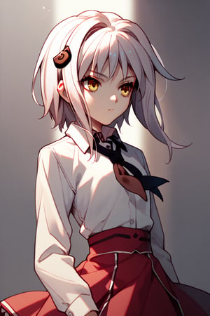 score9_up, score8_up, score7_up, score6_up, 
KONEKO TOUJOU, SHORT HAIR, HAIR ORNAMENT, YELLOW EYES, WHITE HAIR,
SKIRT, SCHOOL UNIFORM, SHIRT, WHITE SHIRT, COLLARED SHIRT, NECKERCHIEF, BLACK NECKERCHIEF, LONG SLEEVES, RED SKIRT, solo,





