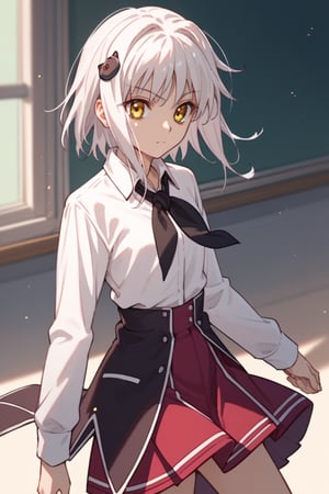 score9_up, score8_up, score7_up, score6_up, 
KONEKO TOUJOU, SHORT HAIR, HAIR ORNAMENT, YELLOW EYES, WHITE HAIR,
SKIRT, SCHOOL UNIFORM, SHIRT, WHITE SHIRT, COLLARED SHIRT, NECKERCHIEF, BLACK NECKERCHIEF, LONG SLEEVES, RED SKIRT, solo,





