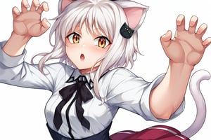 score_9, score_8_up, score_7_up, source_anime, masterpiece, 1girl, ctiank0nek0, dress shirt, pleated skirt, black ribbon, red skirt, half black uniform, long sleeves,  cat ears, cat tail, claw pose, chestnut mouth, 

 ,(( white background, blank background))