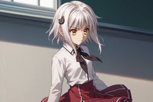 score9_up, score8_up, score7_up, score6_up, 
KONEKO TOUJOU, SHORT HAIR, HAIR ORNAMENT, YELLOW EYES, WHITE HAIR,
SKIRT, SCHOOL UNIFORM, SHIRT, WHITE SHIRT, COLLARED SHIRT, NECKERCHIEF, BLACK NECKERCHIEF, LONG SLEEVES, RED SKIRT, solo,





