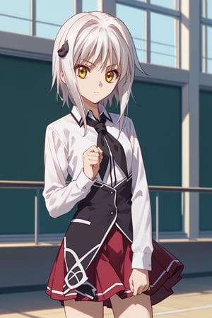 score9_up, score8_up, score7_up, score6_up, 
KONEKO TOUJOU, SHORT HAIR, HAIR ORNAMENT, YELLOW EYES, WHITE HAIR,
SKIRT, SCHOOL UNIFORM, SHIRT, WHITE SHIRT, COLLARED SHIRT, NECKERCHIEF, BLACK NECKERCHIEF, LONG SLEEVES, RED SKIRT, solo,





