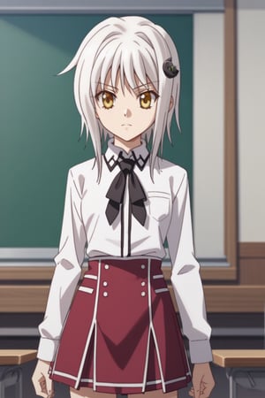 score9_up, score8_up, score7_up, score6_up, 
KONEKO TOUJOU, SHORT HAIR, HAIR ORNAMENT, YELLOW EYES, WHITE HAIR,
SKIRT, SCHOOL UNIFORM, SHIRT, WHITE SHIRT, COLLARED SHIRT, NECKERCHIEF, BLACK NECKERCHIEF, LONG SLEEVES, RED SKIRT, solo,





