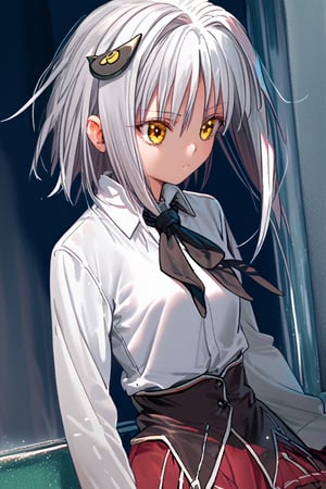 score9_up, score8_up, score7_up, score6_up, 
KONEKO TOUJOU, SHORT HAIR, HAIR ORNAMENT, YELLOW EYES, WHITE HAIR,
SKIRT, SCHOOL UNIFORM, SHIRT, WHITE SHIRT, COLLARED SHIRT, NECKERCHIEF, BLACK NECKERCHIEF, LONG SLEEVES, RED SKIRT, solo,





