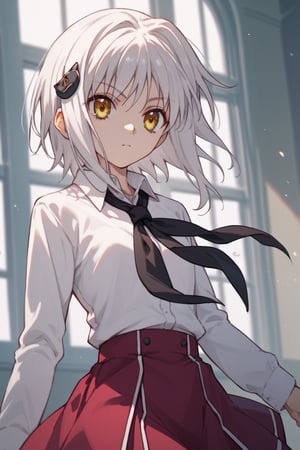 score9_up, score8_up, score7_up, score6_up, 
KONEKO TOUJOU, SHORT HAIR, HAIR ORNAMENT, YELLOW EYES, WHITE HAIR,
SKIRT, SCHOOL UNIFORM, SHIRT, WHITE SHIRT, COLLARED SHIRT, NECKERCHIEF, BLACK NECKERCHIEF, LONG SLEEVES, RED SKIRT, solo,





