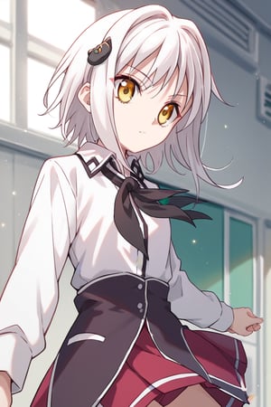 score9_up, score8_up, score7_up, score6_up, 
KONEKO TOUJOU, SHORT HAIR, HAIR ORNAMENT, YELLOW EYES, WHITE HAIR,
SKIRT, SCHOOL UNIFORM, SHIRT, WHITE SHIRT, COLLARED SHIRT, NECKERCHIEF, BLACK NECKERCHIEF, LONG SLEEVES, RED SKIRT, solo,





