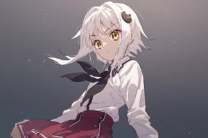 score9_up, score8_up, score7_up, score6_up, 
KONEKO TOUJOU, SHORT HAIR, HAIR ORNAMENT, YELLOW EYES, WHITE HAIR,
SKIRT, SCHOOL UNIFORM, SHIRT, WHITE SHIRT, COLLARED SHIRT, NECKERCHIEF, BLACK NECKERCHIEF, LONG SLEEVES, RED SKIRT, solo,





