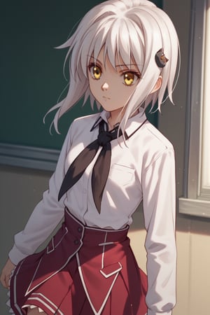 score9_up, score8_up, score7_up, score6_up, 
KONEKO TOUJOU, SHORT HAIR, HAIR ORNAMENT, YELLOW EYES, WHITE HAIR,
SKIRT, SCHOOL UNIFORM, SHIRT, WHITE SHIRT, COLLARED SHIRT, NECKERCHIEF, BLACK NECKERCHIEF, LONG SLEEVES, RED SKIRT, solo,





