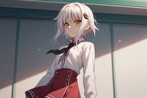 score9_up, score8_up, score7_up, score6_up, 
KONEKO TOUJOU, SHORT HAIR, HAIR ORNAMENT, YELLOW EYES, WHITE HAIR,
SKIRT, SCHOOL UNIFORM, SHIRT, WHITE SHIRT, COLLARED SHIRT, NECKERCHIEF, BLACK NECKERCHIEF, LONG SLEEVES, RED SKIRT, solo,





