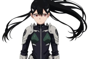 , score_9, score_8_up, score_7_up, score_6_up, score_5_up, score_4_up, source_anime, masterpiece , anime screencap,  absurdres, minaashiro, black hair,  long hair, hair down, mole under eye, mole, red eyes bodysuit, armor, wide_hips  expressionless,  



 ,(( white background, blank background)),