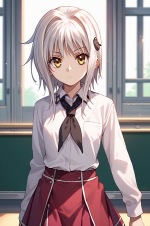 score9_up, score8_up, score7_up, score6_up, 
KONEKO TOUJOU, SHORT HAIR, HAIR ORNAMENT, YELLOW EYES, WHITE HAIR,
SKIRT, SCHOOL UNIFORM, SHIRT, WHITE SHIRT, COLLARED SHIRT, NECKERCHIEF, BLACK NECKERCHIEF, LONG SLEEVES, RED SKIRT, solo,





