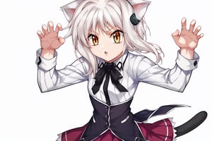 score_9, score_8_up, score_7_up, source_anime, masterpiece, 1girl, ctiank0nek0, dress shirt, pleated skirt, black ribbon, red skirt, half black uniform, long sleeves,  cat ears, cat tail, claw pose, chestnut mouth, 

 ,(( white background, blank background))