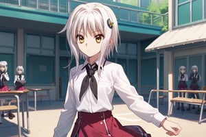 score9_up, score8_up, score7_up, score6_up, 
KONEKO TOUJOU, SHORT HAIR, HAIR ORNAMENT, YELLOW EYES, WHITE HAIR,
SKIRT, SCHOOL UNIFORM, SHIRT, WHITE SHIRT, COLLARED SHIRT, NECKERCHIEF, BLACK NECKERCHIEF, LONG SLEEVES, RED SKIRT, solo,





