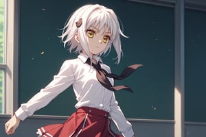 score9_up, score8_up, score7_up, score6_up, 
KONEKO TOUJOU, SHORT HAIR, HAIR ORNAMENT, YELLOW EYES, WHITE HAIR,
SKIRT, SCHOOL UNIFORM, SHIRT, WHITE SHIRT, COLLARED SHIRT, NECKERCHIEF, BLACK NECKERCHIEF, LONG SLEEVES, RED SKIRT, solo,





