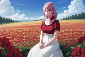 ,  score9_up, score8_up, score7_up, score6_up, slimes_rize, woman, solo, dress, red glasses, red flower field background