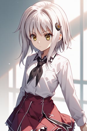 score9_up, score8_up, score7_up, score6_up, 
KONEKO TOUJOU, SHORT HAIR, HAIR ORNAMENT, YELLOW EYES, WHITE HAIR,
SKIRT, SCHOOL UNIFORM, SHIRT, WHITE SHIRT, COLLARED SHIRT, NECKERCHIEF, BLACK NECKERCHIEF, LONG SLEEVES, RED SKIRT, solo,





