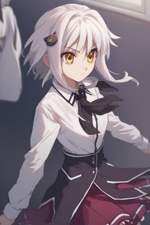 score9_up, score8_up, score7_up, score6_up, 
KONEKO TOUJOU, SHORT HAIR, HAIR ORNAMENT, YELLOW EYES, WHITE HAIR,
SKIRT, SCHOOL UNIFORM, SHIRT, WHITE SHIRT, COLLARED SHIRT, NECKERCHIEF, BLACK NECKERCHIEF, LONG SLEEVES, RED SKIRT, solo,





