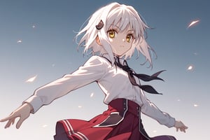 score9_up, score8_up, score7_up, score6_up, 
KONEKO TOUJOU, SHORT HAIR, HAIR ORNAMENT, YELLOW EYES, WHITE HAIR,
SKIRT, SCHOOL UNIFORM, SHIRT, WHITE SHIRT, COLLARED SHIRT, NECKERCHIEF, BLACK NECKERCHIEF, LONG SLEEVES, RED SKIRT, solo,





