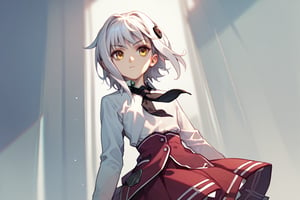 score9_up, score8_up, score7_up, score6_up, 
KONEKO TOUJOU, SHORT HAIR, HAIR ORNAMENT, YELLOW EYES, WHITE HAIR,
SKIRT, SCHOOL UNIFORM, SHIRT, WHITE SHIRT, COLLARED SHIRT, NECKERCHIEF, BLACK NECKERCHIEF, LONG SLEEVES, RED SKIRT, solo,





