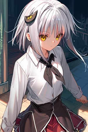 score9_up, score8_up, score7_up, score6_up, 
KONEKO TOUJOU, SHORT HAIR, HAIR ORNAMENT, YELLOW EYES, WHITE HAIR,
SKIRT, SCHOOL UNIFORM, SHIRT, WHITE SHIRT, COLLARED SHIRT, NECKERCHIEF, BLACK NECKERCHIEF, LONG SLEEVES, RED SKIRT, solo,





