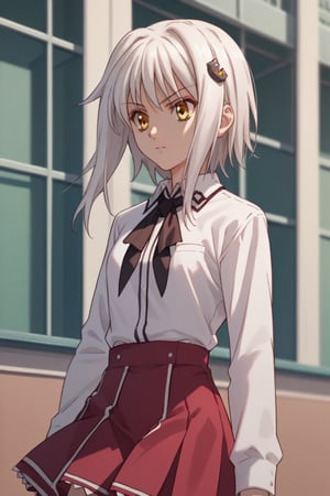 score9_up, score8_up, score7_up, score6_up, 
KONEKO TOUJOU, SHORT HAIR, HAIR ORNAMENT, YELLOW EYES, WHITE HAIR,
SKIRT, SCHOOL UNIFORM, SHIRT, WHITE SHIRT, COLLARED SHIRT, NECKERCHIEF, BLACK NECKERCHIEF, LONG SLEEVES, RED SKIRT, solo,





