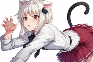 score_9, score_8_up, score_7_up, source_anime, masterpiece, 1girl, ctiank0nek0, dress shirt, pleated skirt, black ribbon, red skirt, half black uniform, long sleeves,  cat ears, cat tail, claw pose, chestnut mouth, 

 ,(( white background, blank background))