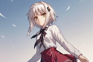 score9_up, score8_up, score7_up, score6_up, 
KONEKO TOUJOU, SHORT HAIR, HAIR ORNAMENT, YELLOW EYES, WHITE HAIR,
SKIRT, SCHOOL UNIFORM, SHIRT, WHITE SHIRT, COLLARED SHIRT, NECKERCHIEF, BLACK NECKERCHIEF, LONG SLEEVES, RED SKIRT, solo,





