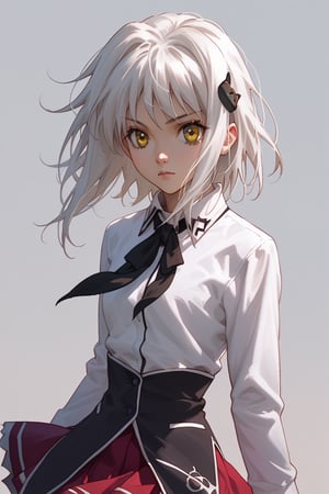 score9_up, score8_up, score7_up, score6_up, 
KONEKO TOUJOU, SHORT HAIR, HAIR ORNAMENT, YELLOW EYES, WHITE HAIR,
SKIRT, SCHOOL UNIFORM, SHIRT, WHITE SHIRT, COLLARED SHIRT, NECKERCHIEF, BLACK NECKERCHIEF, LONG SLEEVES, RED SKIRT, solo,





